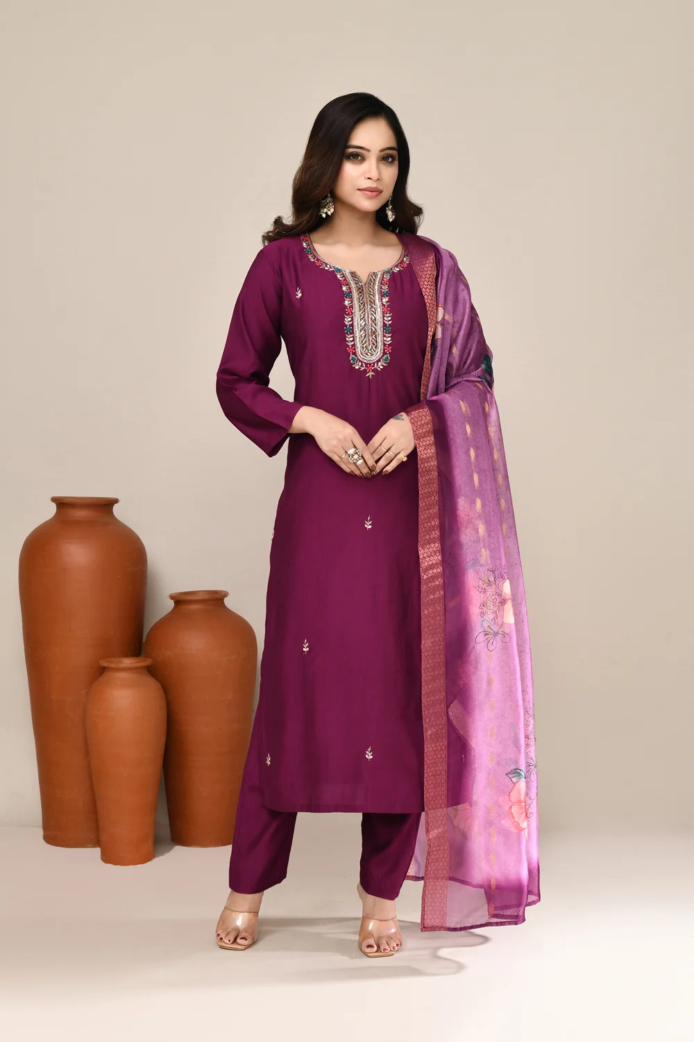 Purple Cotton Festive Wear Kurta Set