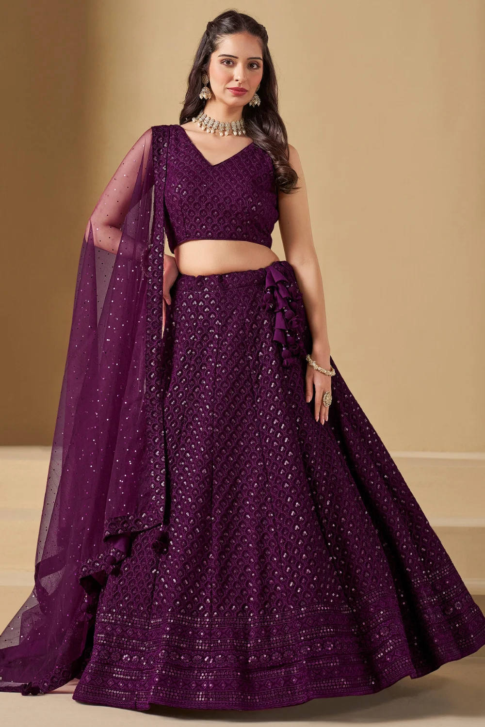 Purple Georgette Sequins Embroidered Party Lehenga