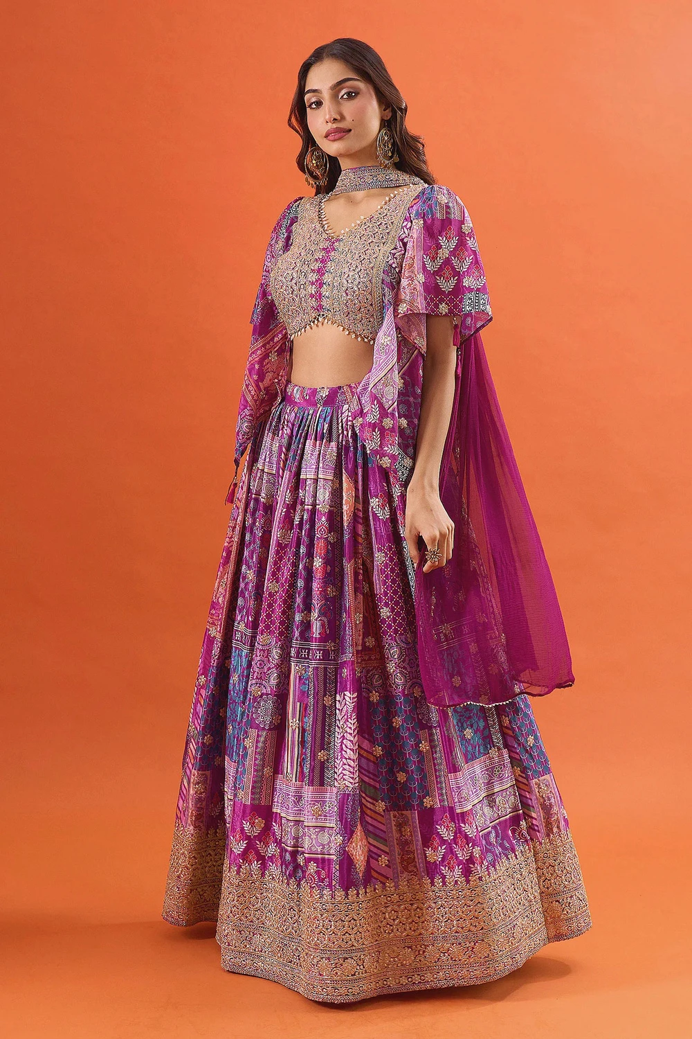Purple Printed Zari Embroidered Lehenga Set