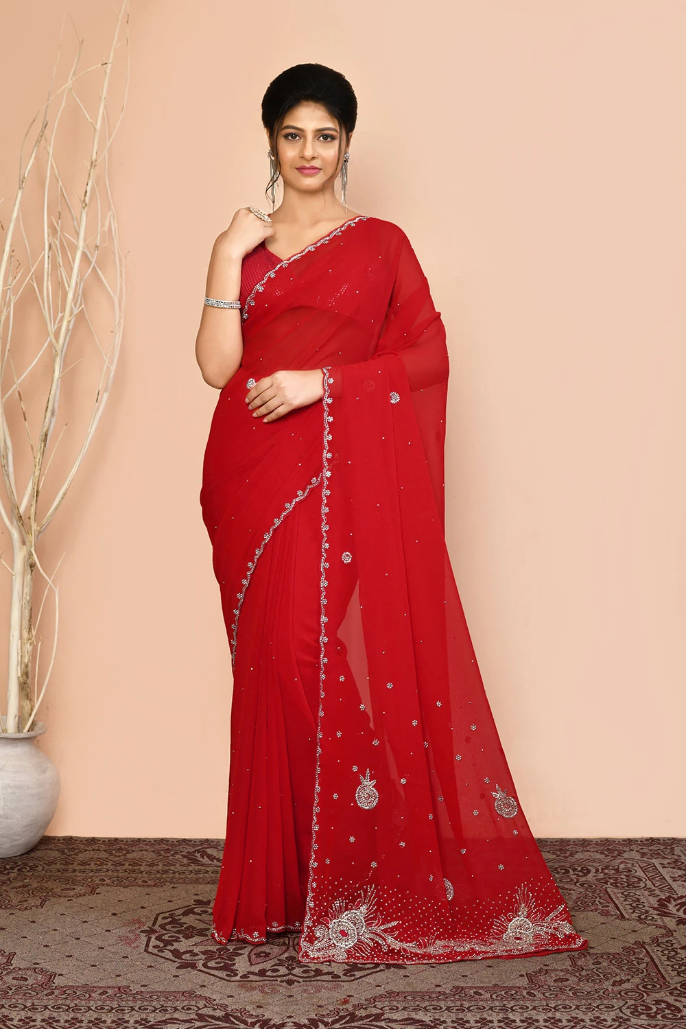 Red Georgette Embellished Saree