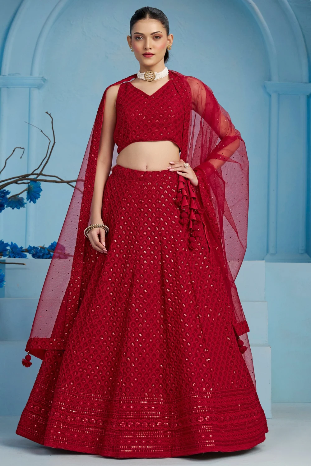 Red Georgette Embroidered Party Lehenga