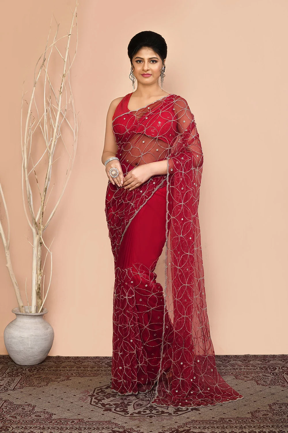 Red Net Embellished Saree