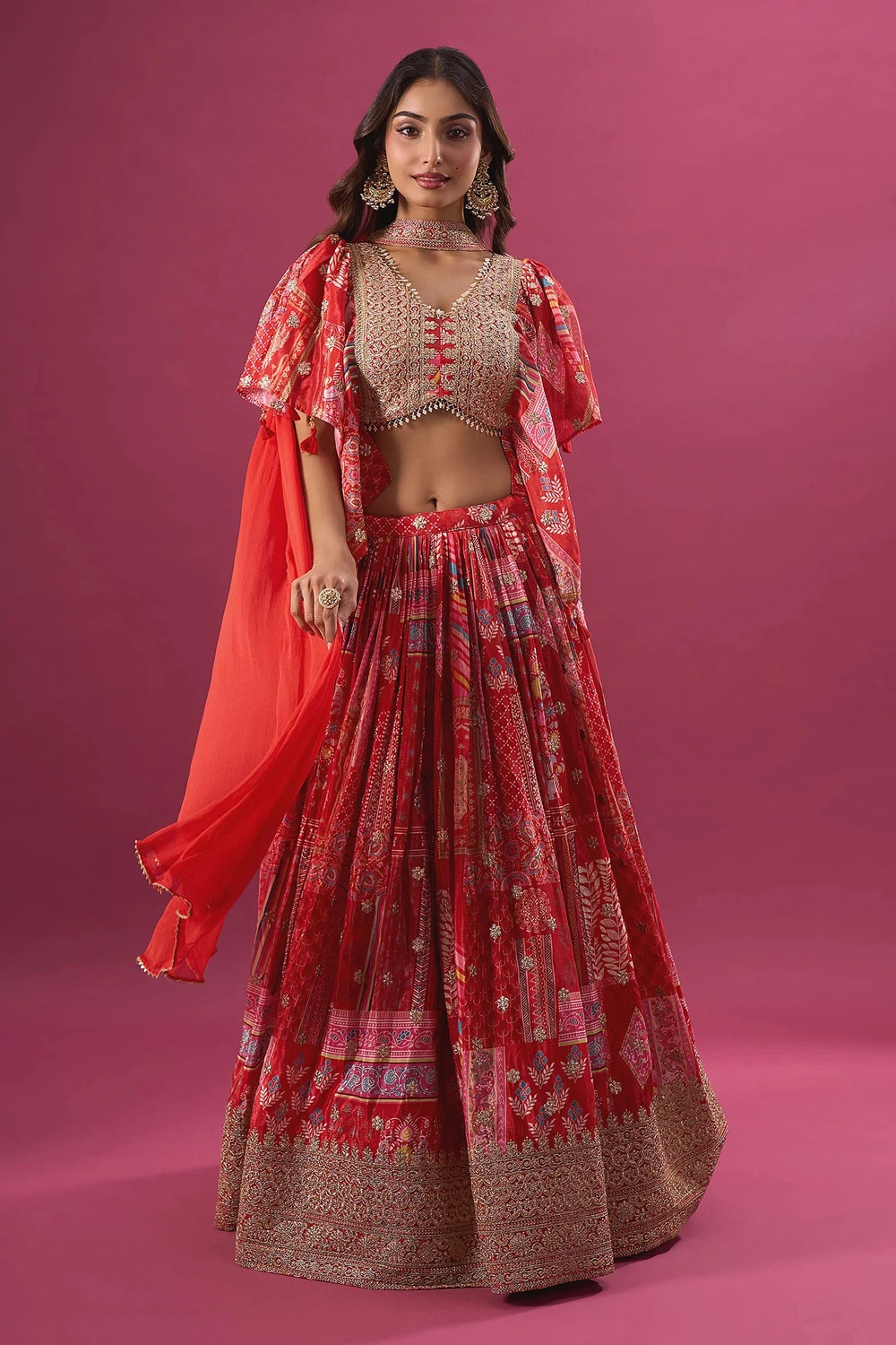 Red Printed Zari Embroidered Lehenga Set