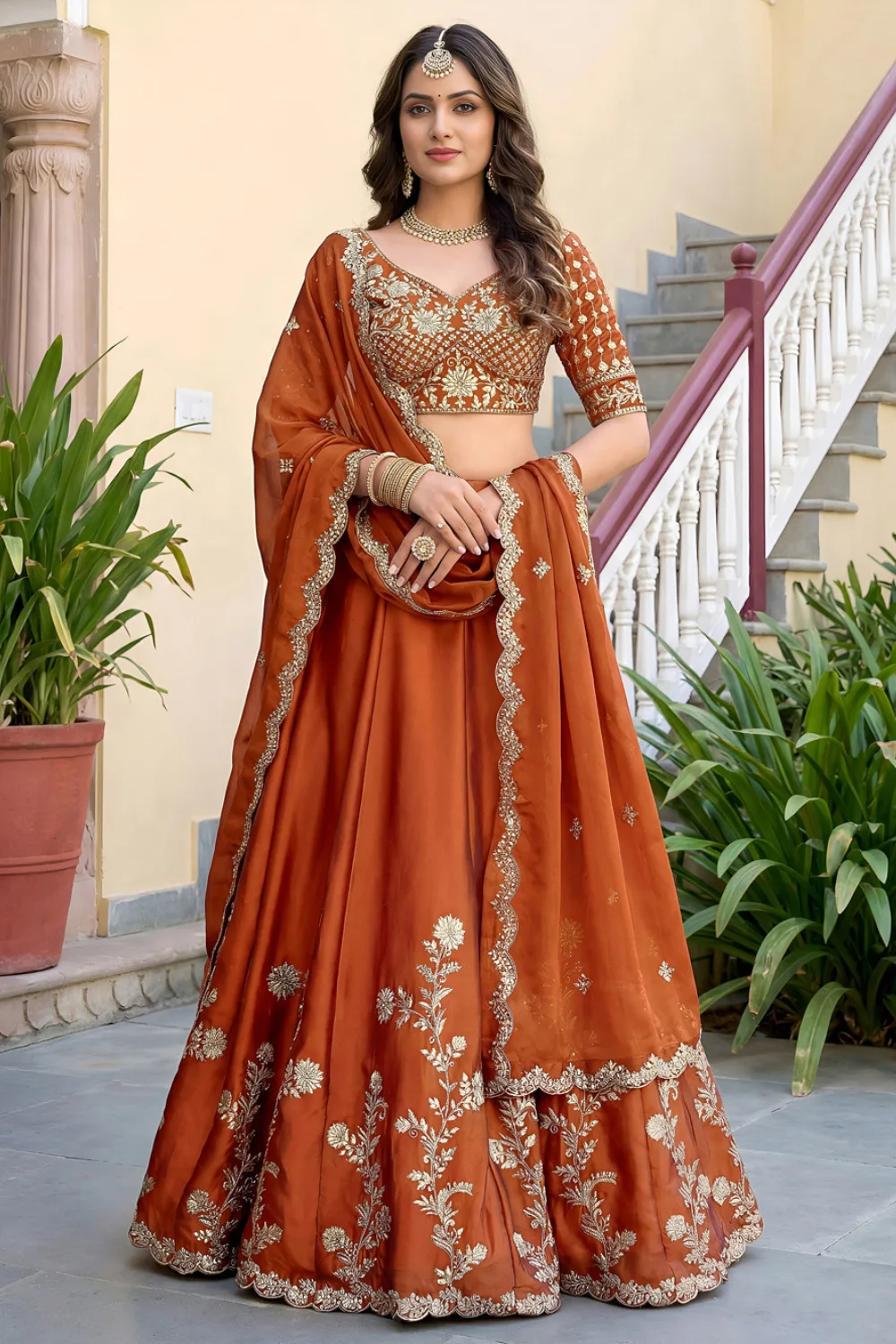 Rust Silk Zari & Dori Embroidered Lehenga Set