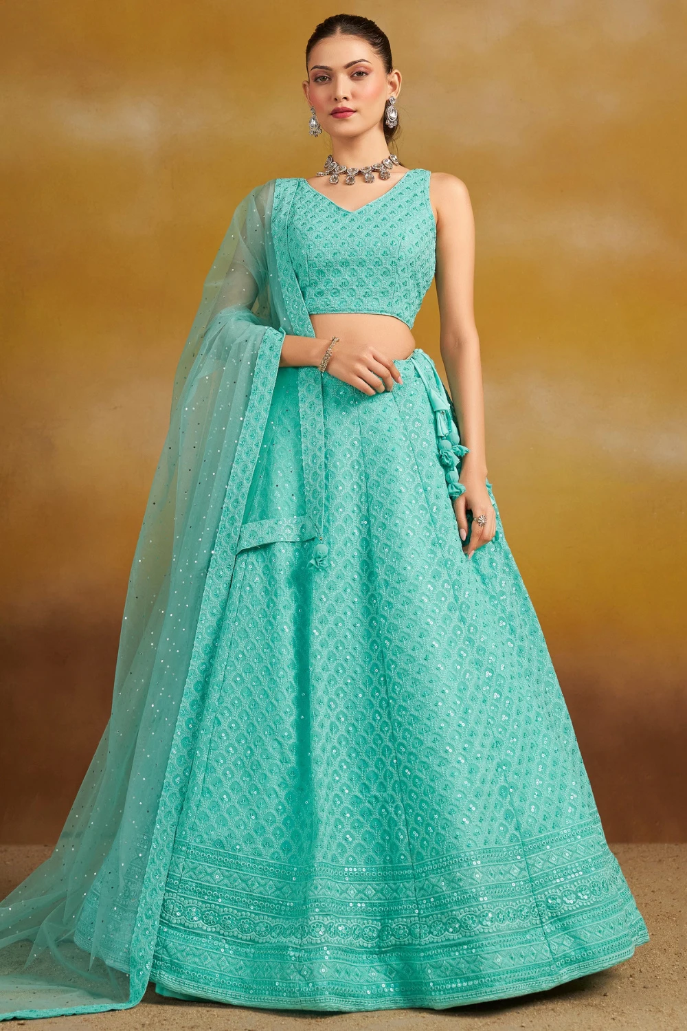 Sea Green Georgette Embroidered Party Lehenga