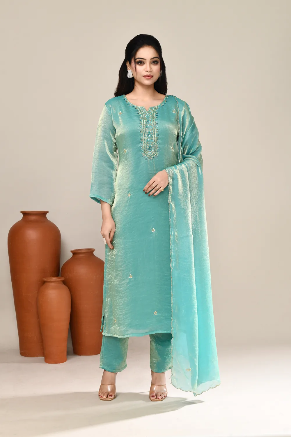 Sea Green Satin Party Wear Kurta Set