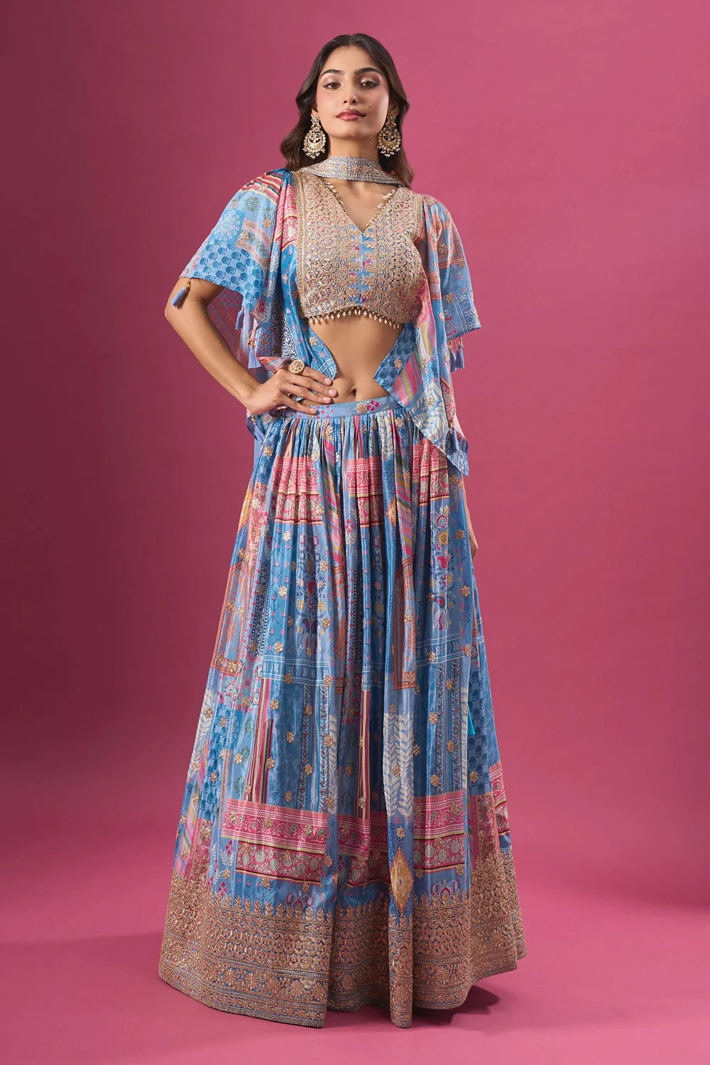 Sky Blue Printed Zari Lehenga Set