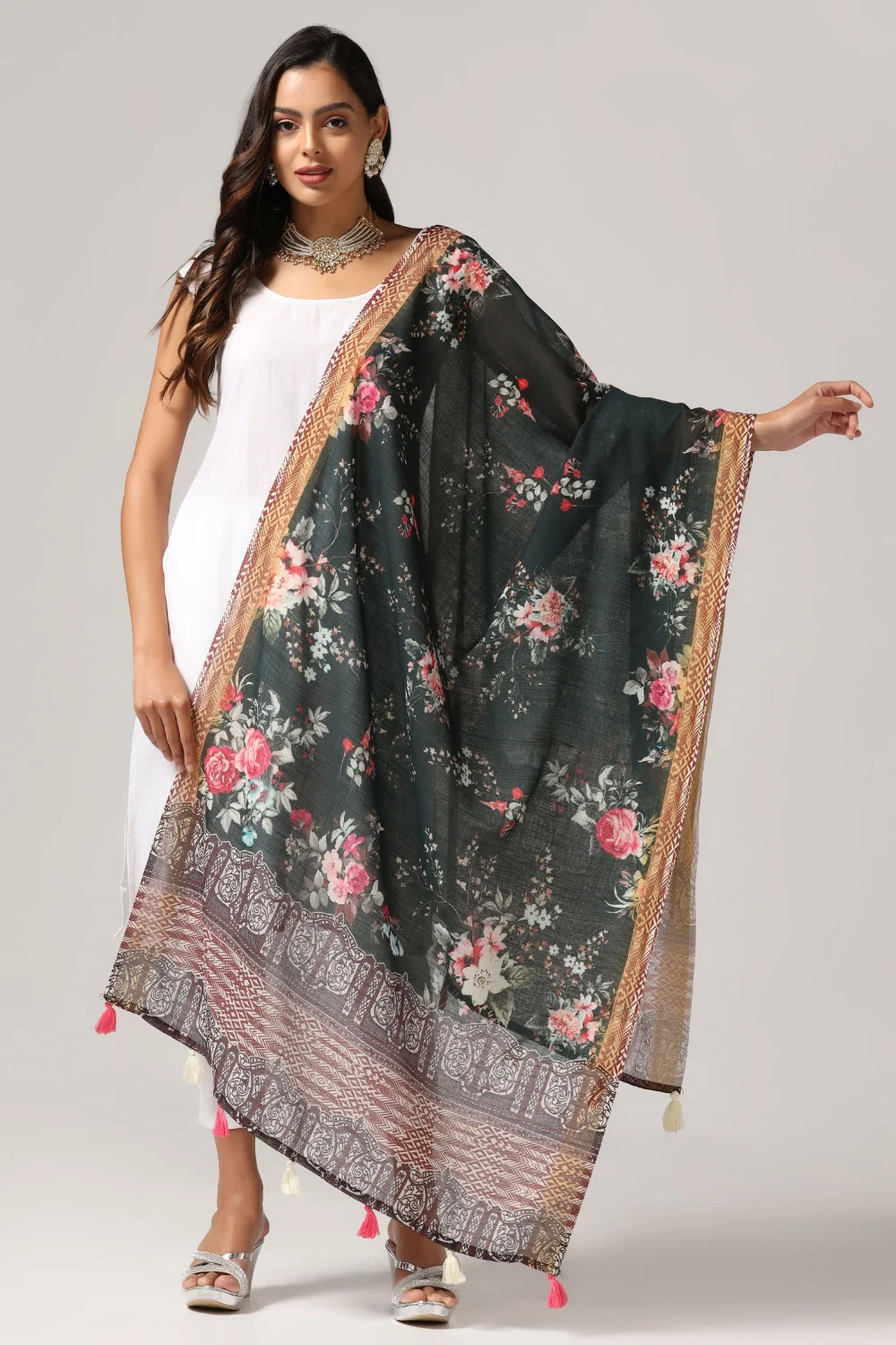 Traditional Black Linen Dupatta with Zari Border Print