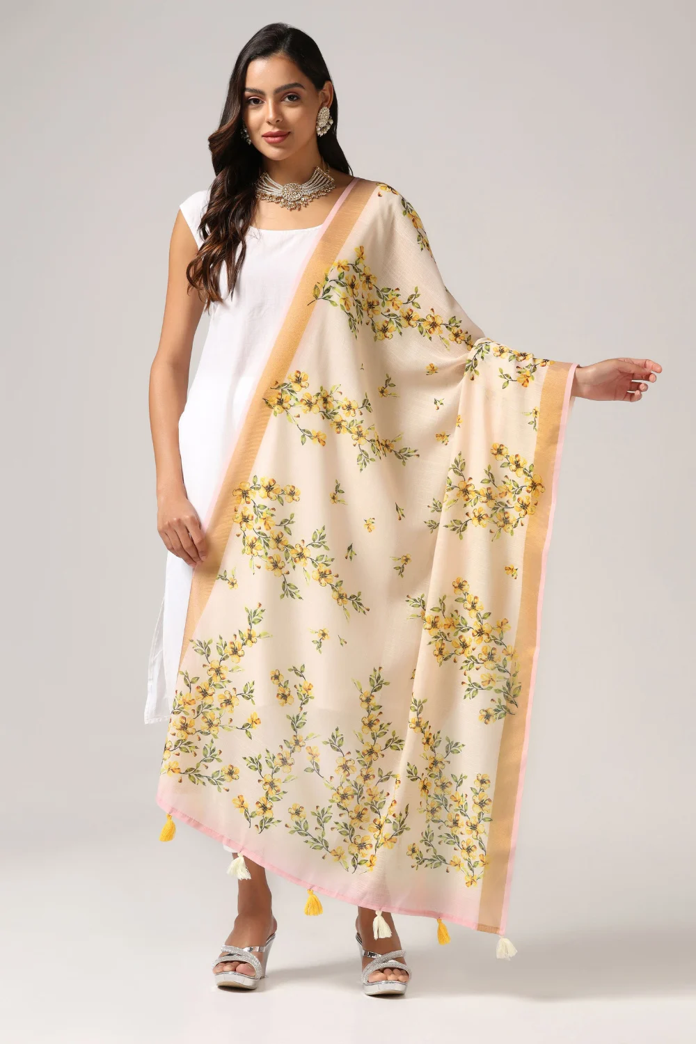 Traditional Cream Linen Dupatta with Zari Border Print