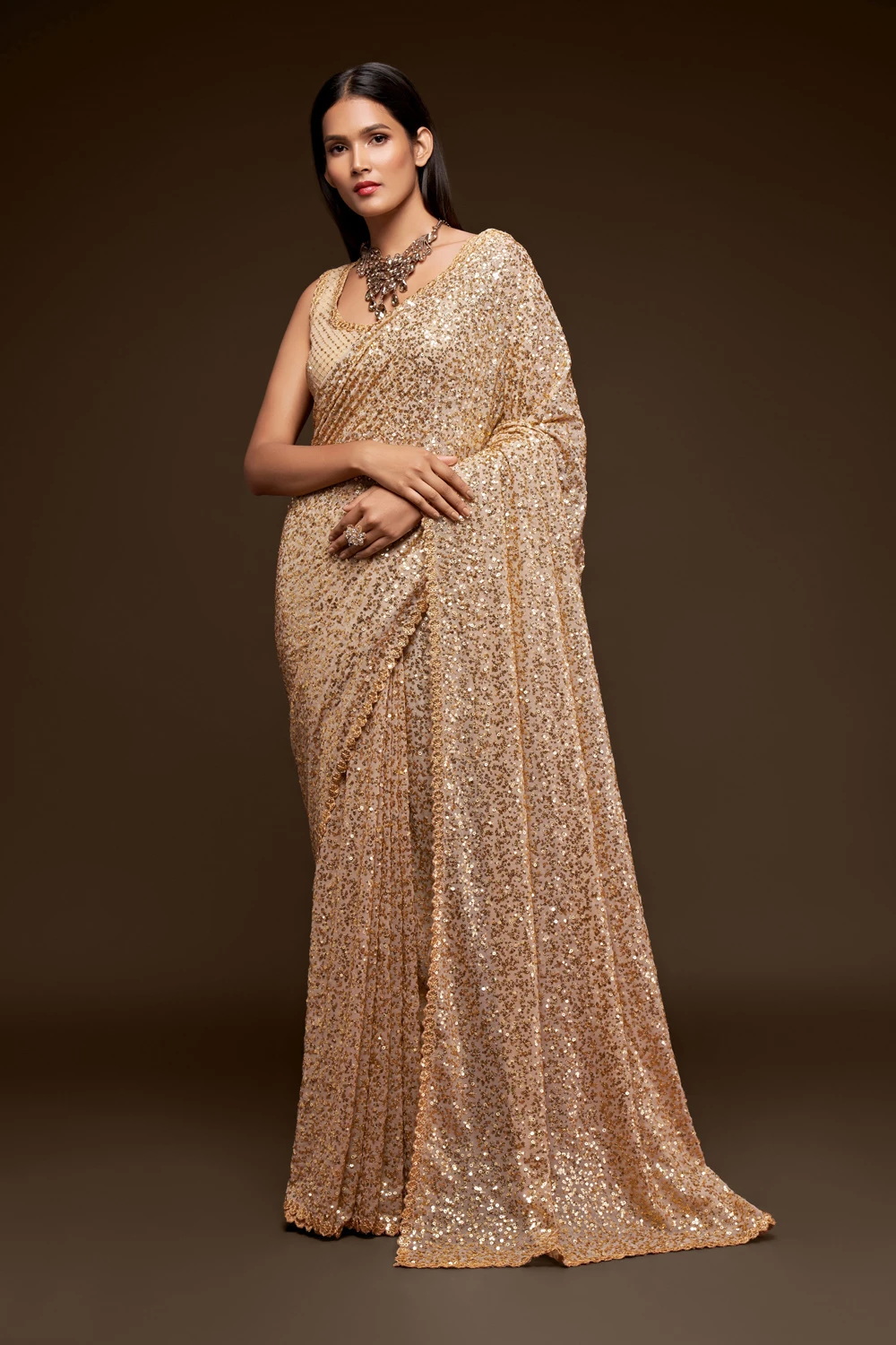 Traditional Georgette Beige Color Sequins Saree