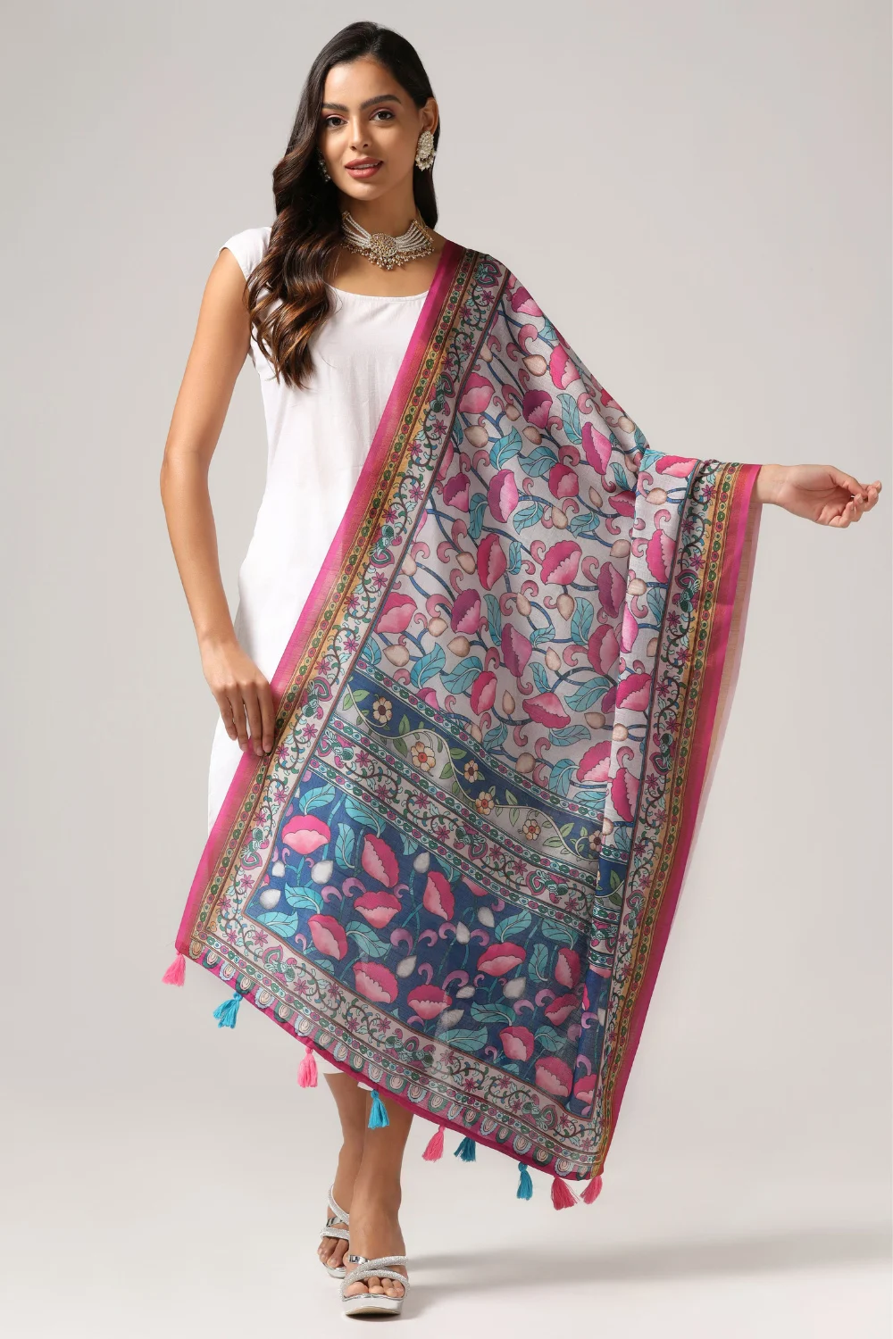 Traditional Grey Linen Dupatta with Zari Border Print
