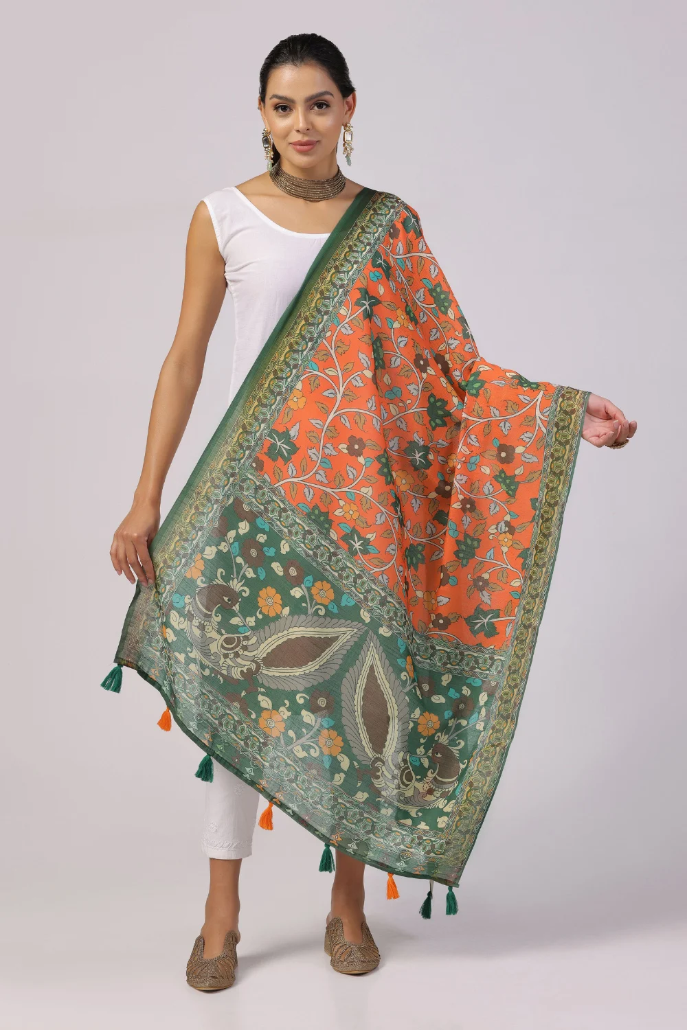 Traditional Orange Linen Dupatta with Zari Border Print