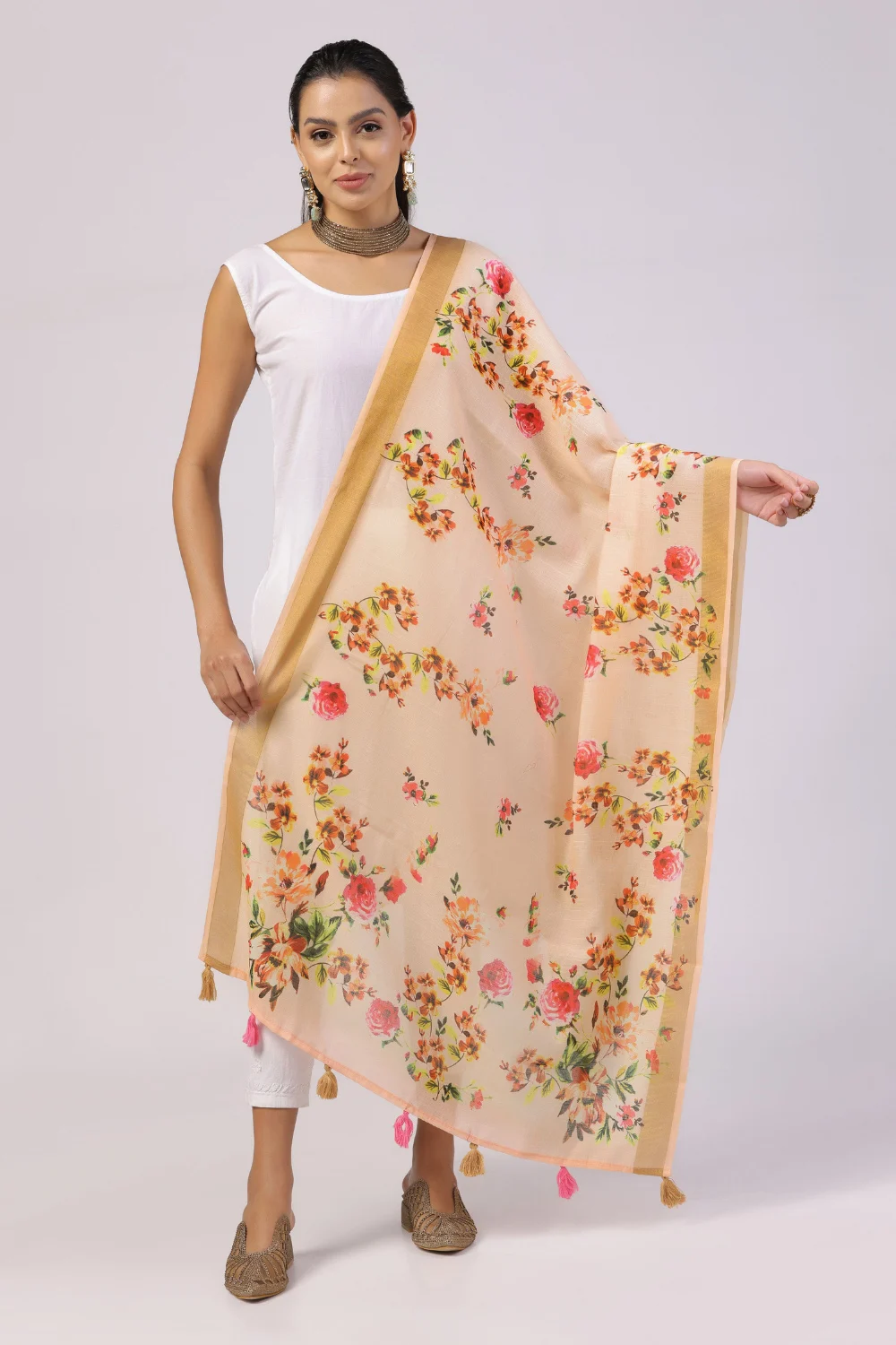 Traditional Peach Linen Dupatta with Zari Border Print