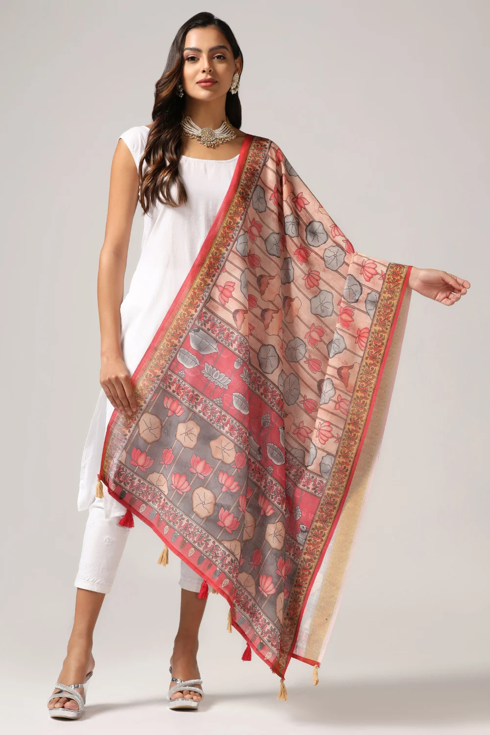 Traditional Pink Linen Dupatta with Zari Border Print