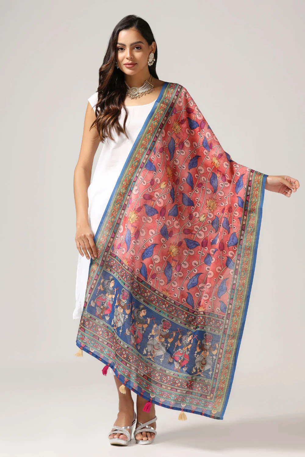 Traditional Rust Linen Dupatta with Zari Border Print