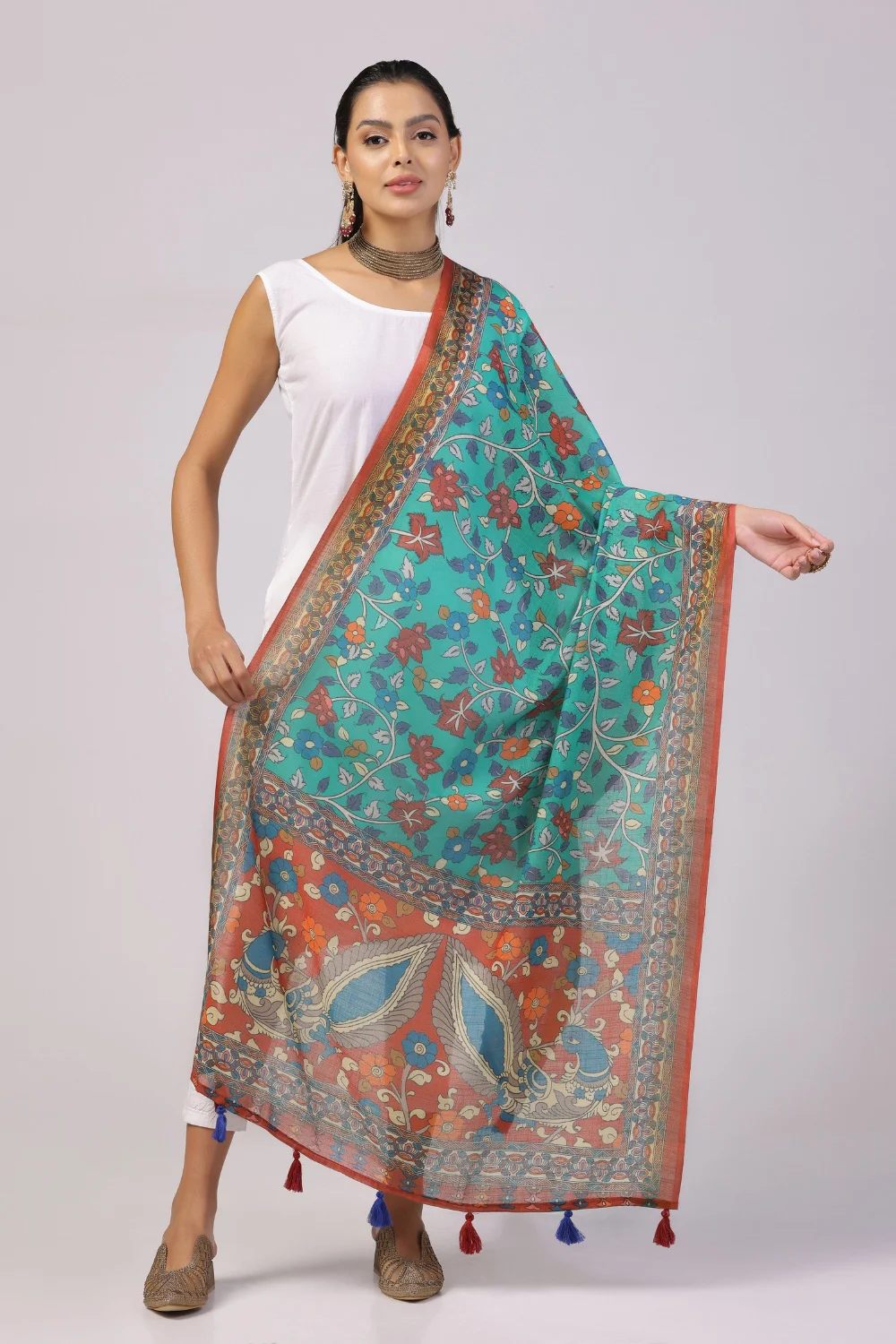 Traditional Sea Green Linen Dupatta with Zari Border