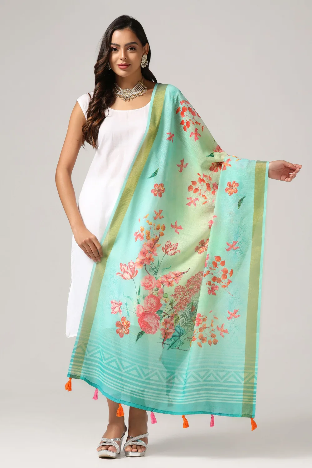 Traditional Turquoise Linen Dupatta with Zari Border