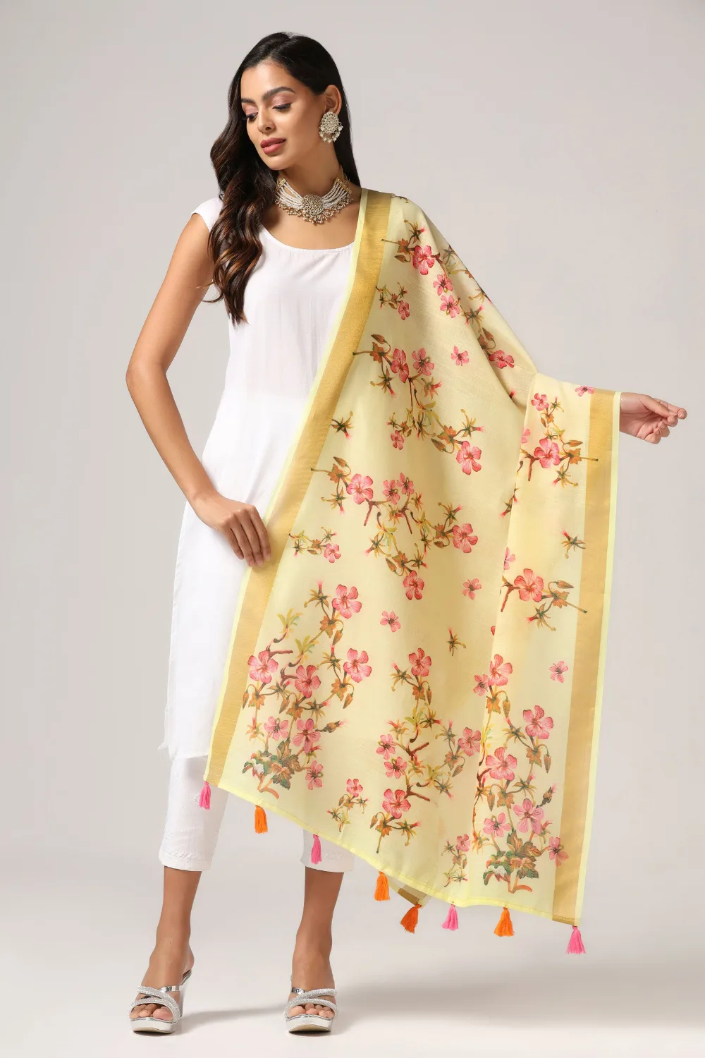 Traditional Yellow Linen Dupatta with Zari Border Print