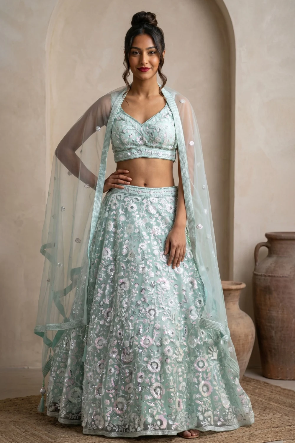 Turquoise Thread Sequins Lehenga Set