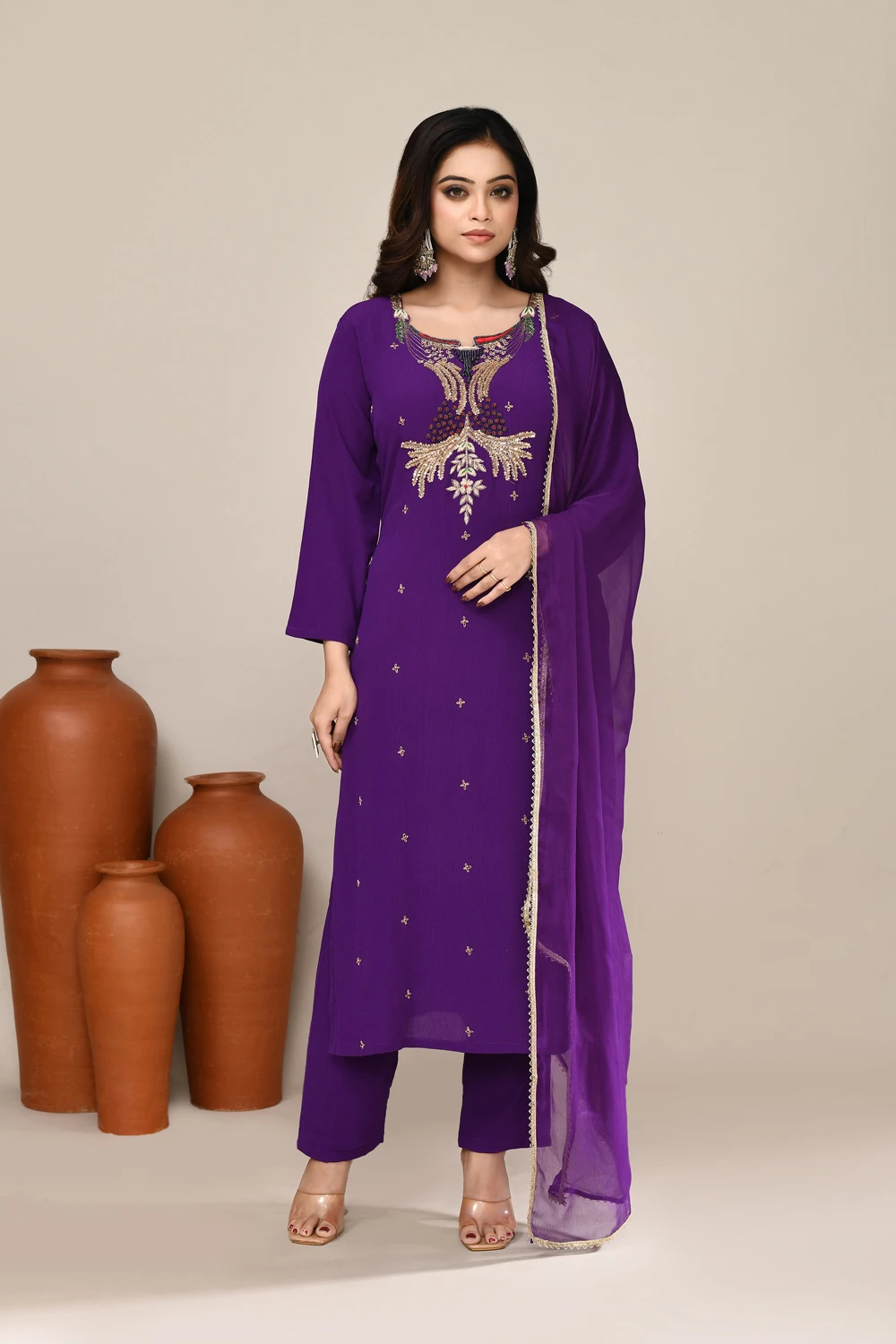 Violet Viscose Embroidered Kurta Set