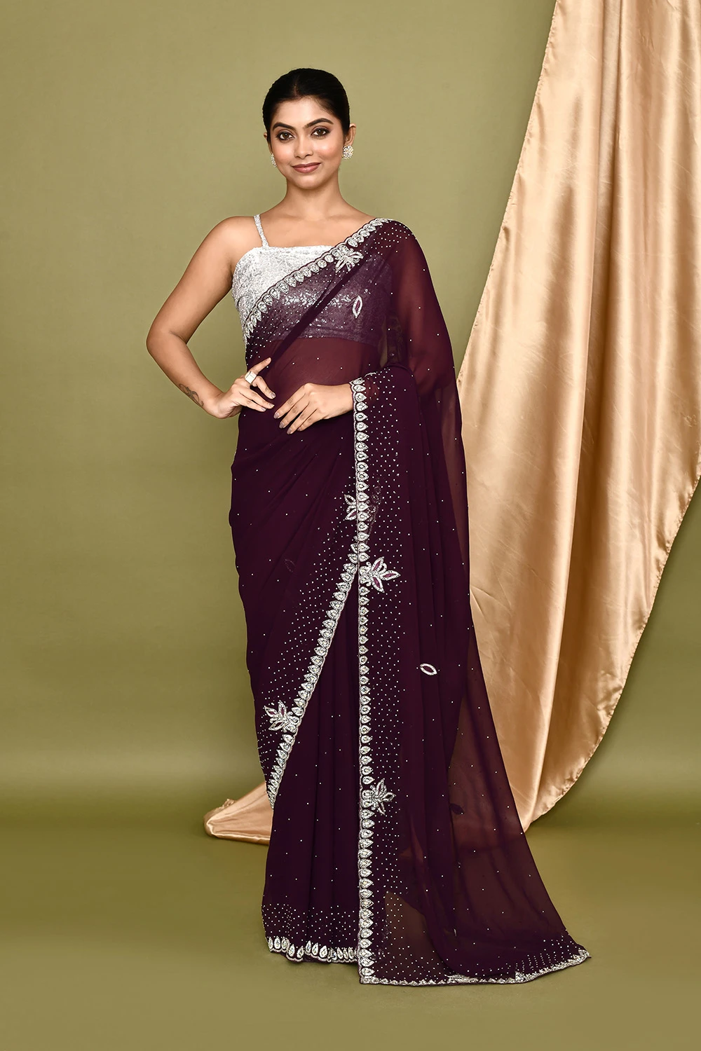Wine Georgette Party Wear Saree