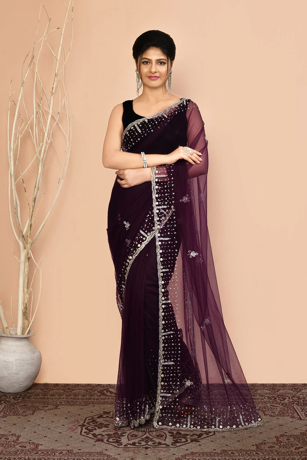 Wine Net Party Wear Saree