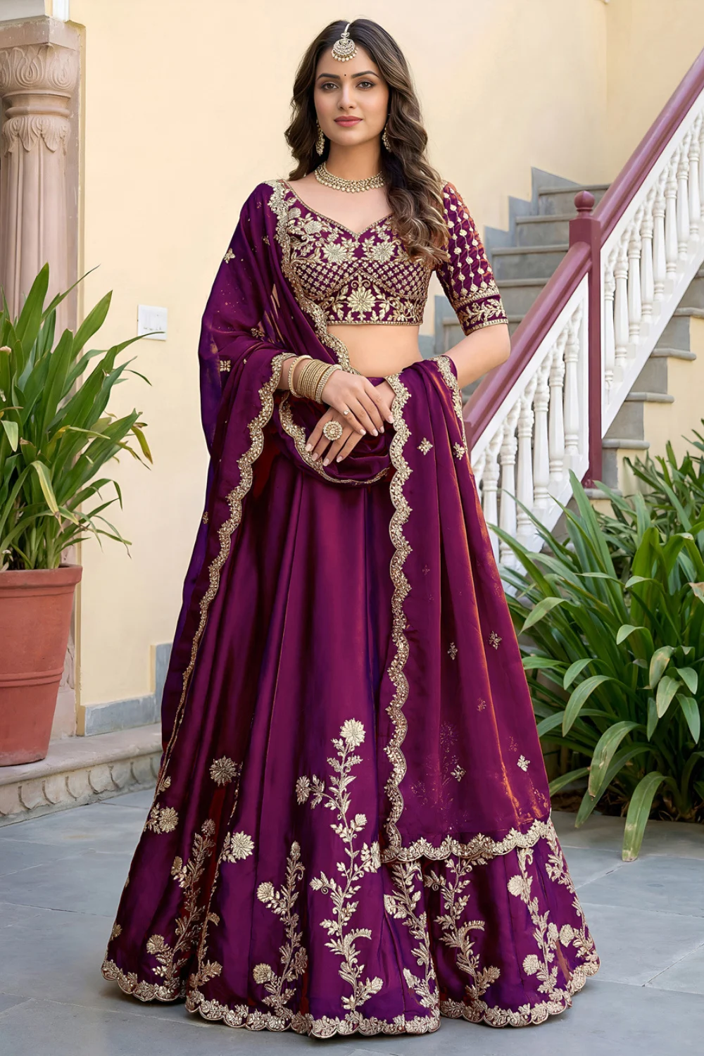 Wine Silk Zari & Dori Embroidered Lehenga Set