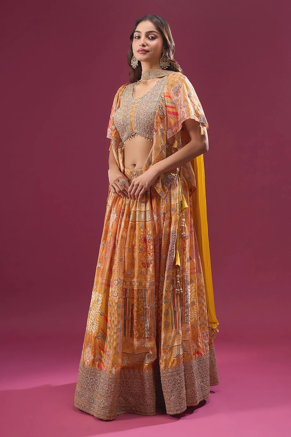 Yellow Printed Zari Embroidered Lehenga Set