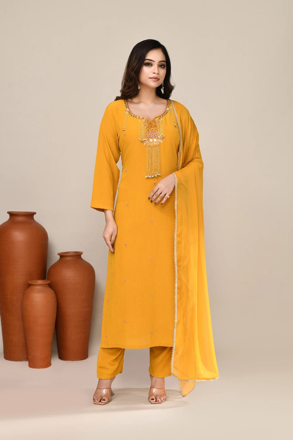 Yellow Viscose Party Wear Kurta Set