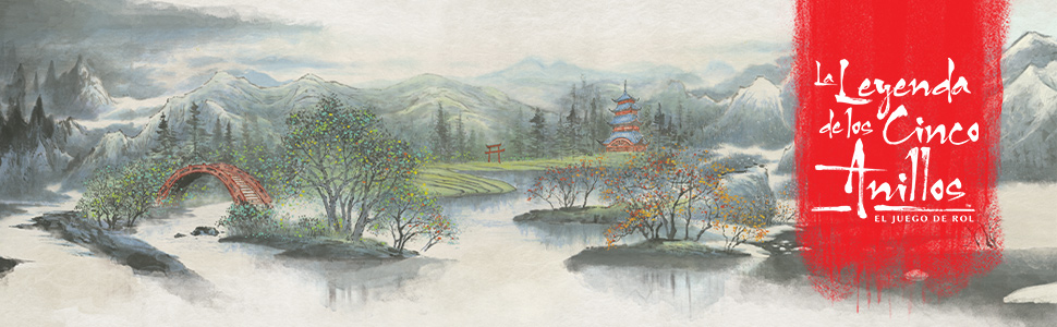 Banner en el que puede verse un paisaje de corte japonés con pequeñas islas con árboles conectadas por un puente, al fondo se ve un pequeño castillo y un Torii. A la derecha está el logo del juego de rol de La Leyenda de los Cinco Anillos en letras blancas y con fondo rojo