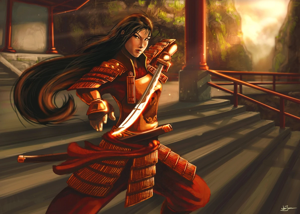 Imagen de una samurai del Clan Fénix que sujeta la katana con una mano apuntando hacia la "cámara". Viste una armadura de samurai típica con los colores anaranjados del clan. Tiene el pelo largo moreno suelto al viento