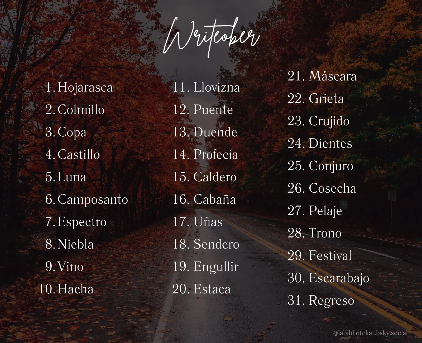 Writeober 1. Hojarasca 2. Colmillo 3. Copa 4. Castillo 5. Luna 6. Camposanto 7. Espectro 8. Niebla 9. Vino 10. Hacha 11. Llovizna 12. Puente 13. Duende 14. Profecía 15. Caldero 16. Cabaña 17. Uñas 18. Sendero 19. Engullir 20. Estaca 21. Máscara 22. Grieta 23. Crujido 24. Dientes 25. Conjuro 26. Cosecha 27. Pelaje 28. Trono 29. Festival 30. Escarabajo 31. Regreso 
