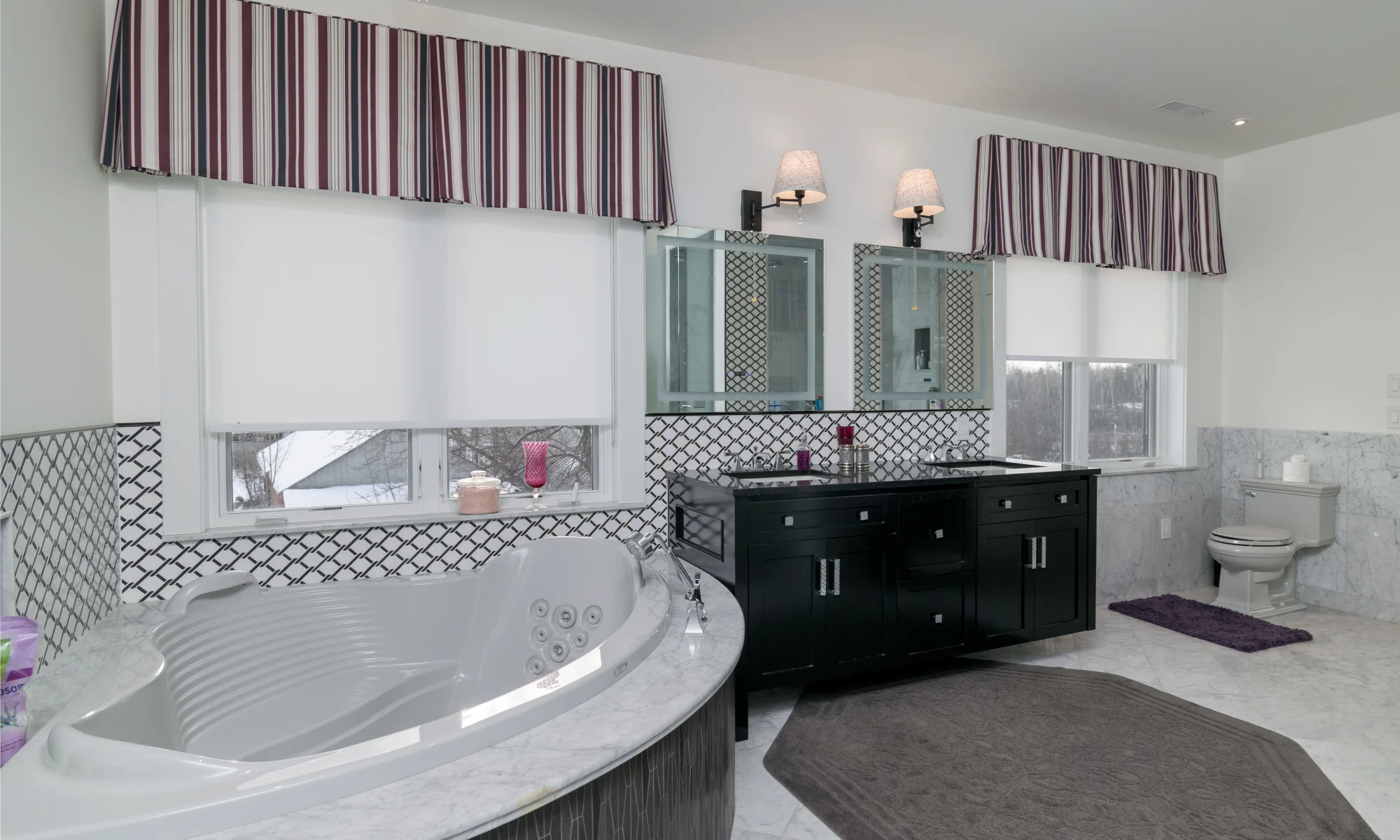 Master bathroom with light filtering roller blinds and box pleat valances