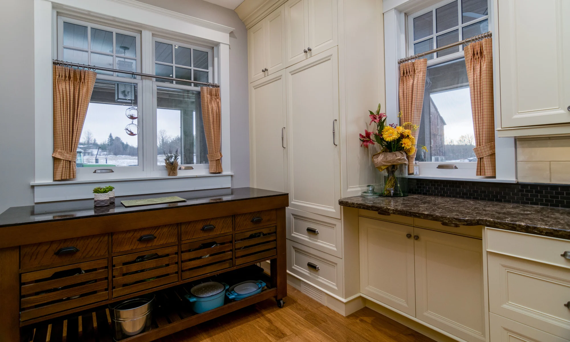 Kitchen drapes, pantry area. Cafe drapes for a little bit of privacy.