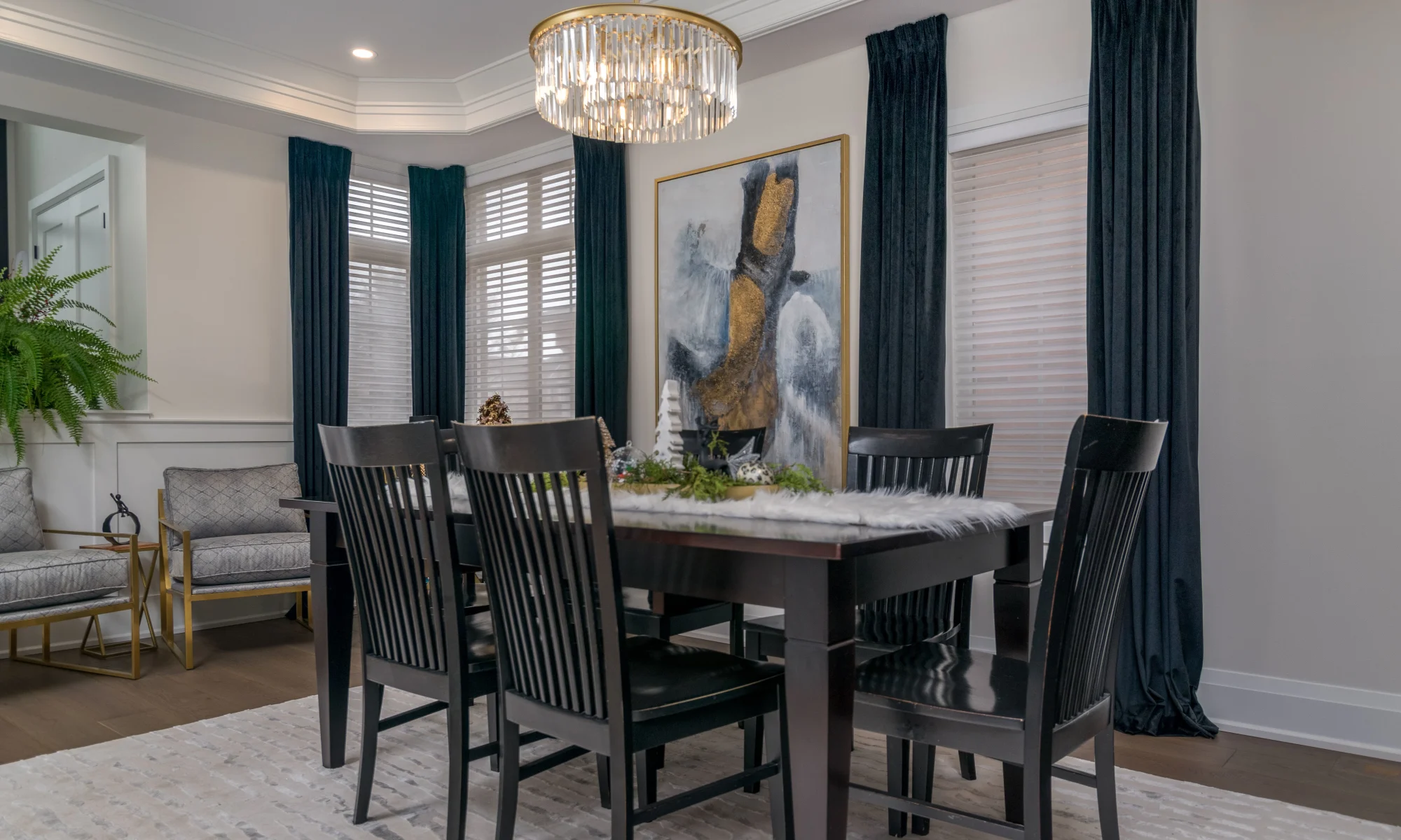 This eloquent dinning room has super soft black velvet side panels