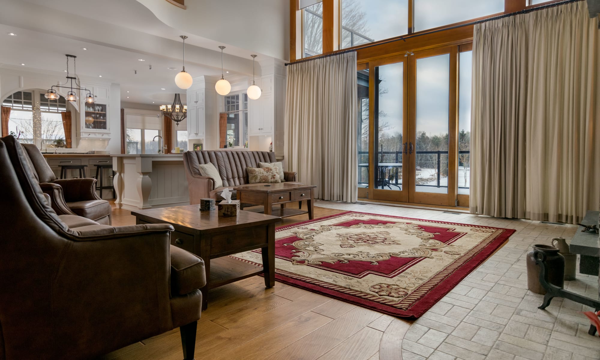 Hardwired, motorized, sheer weave blinds. Thin pinstriped cotton drape that can be pulled across on the decorator rod.