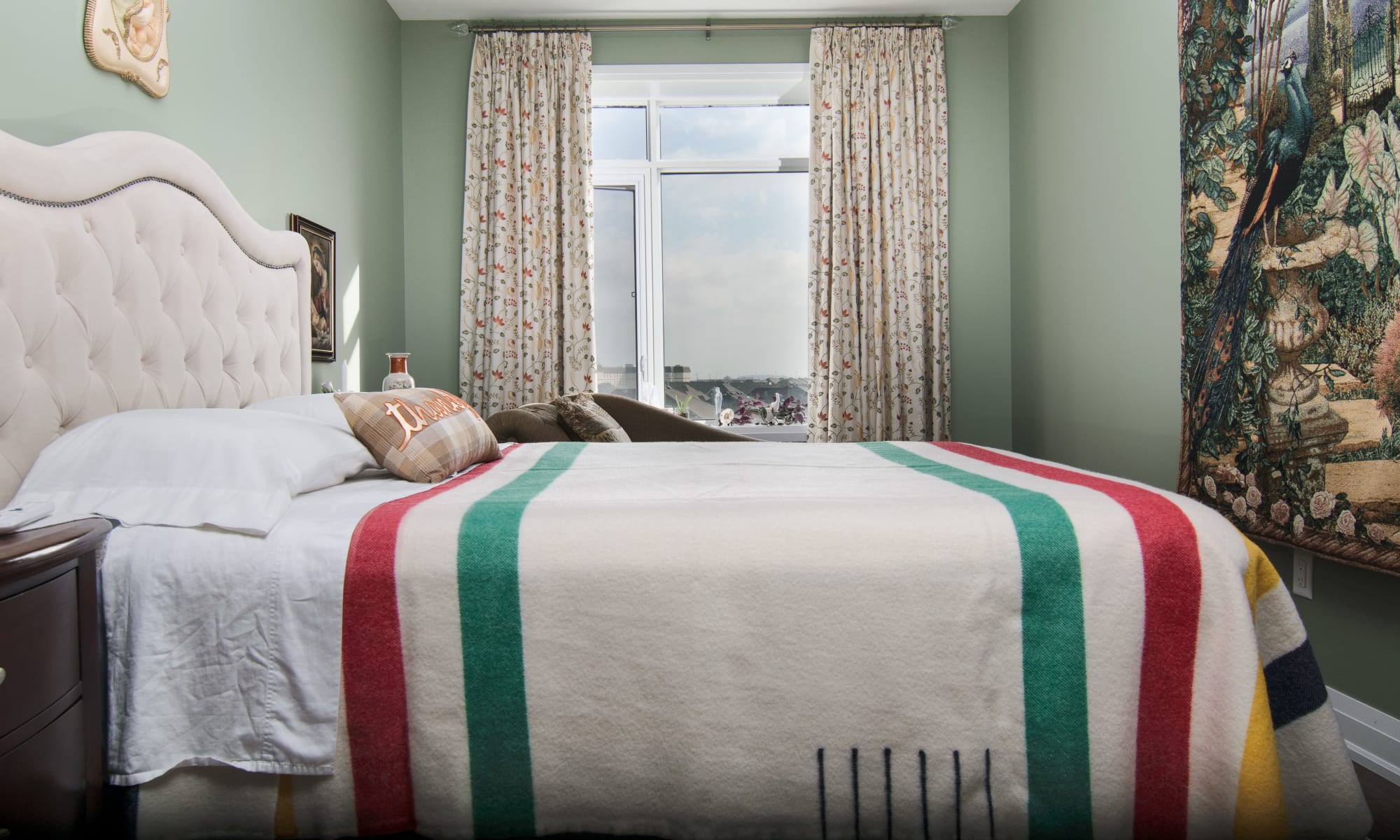 Bedroom with embroidered taffeta and blackout drapes