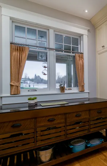 Kitchen drapes, pantry area. Cafe drapes for a little bit of privacy.