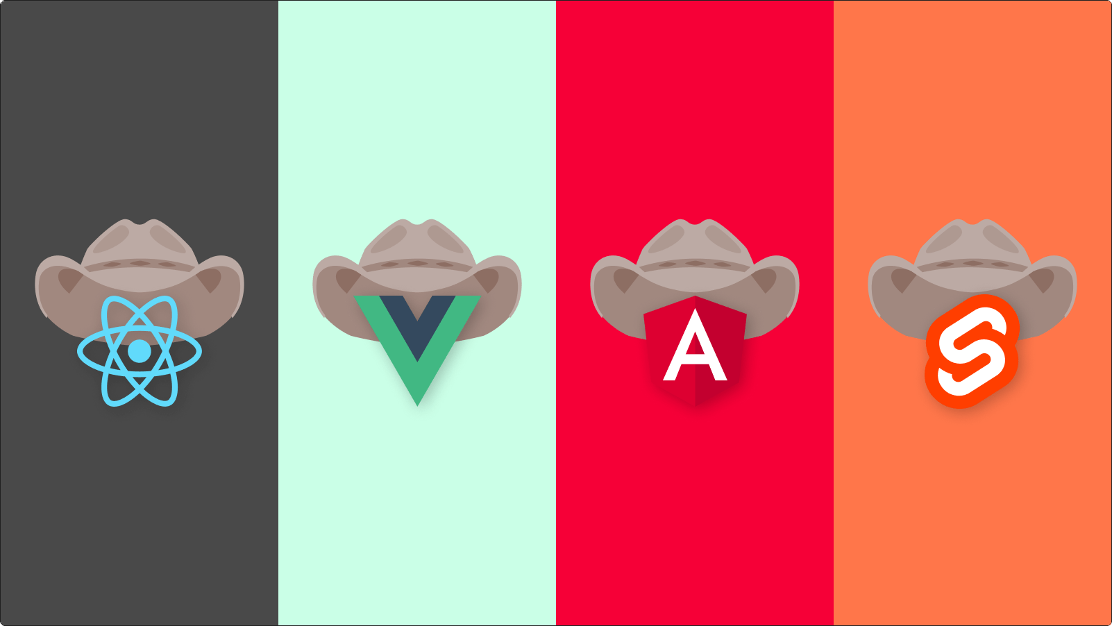 Front-end framework logos with cowboy hats on