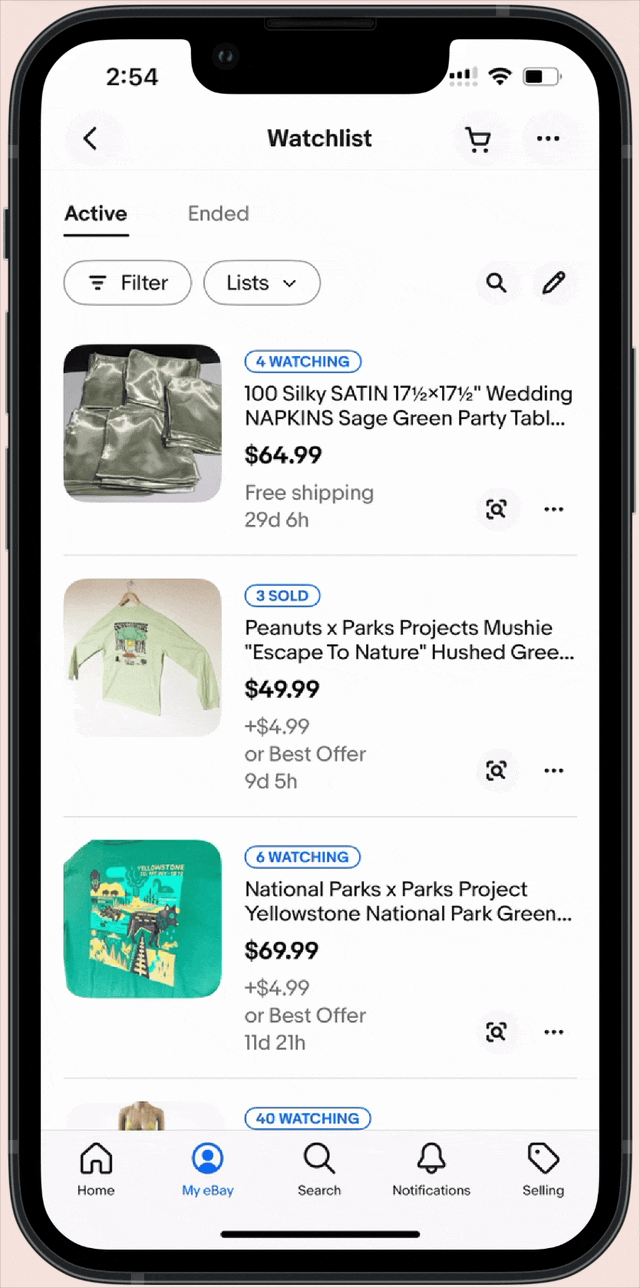Watchlist, before — a single endless stream of saved items