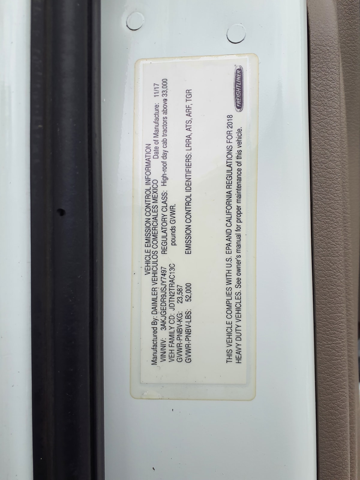 2018 Freightliner/Mercedes CASCADIA 125 222540