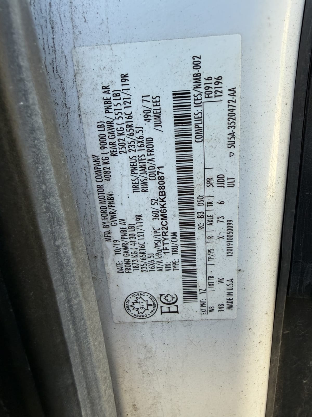 2019 Ford Motor Company TRANSIT 250 MED ROOF 279036