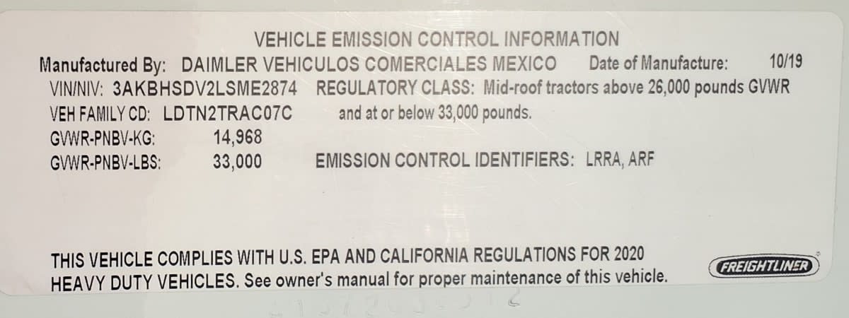 2020 Freightliner/Mercedes NEW CASCADIA 116 291003