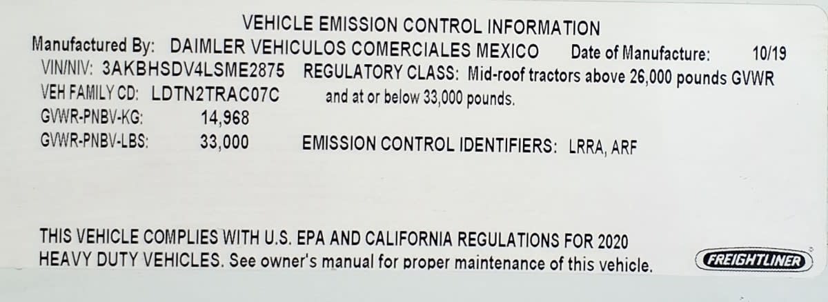2020 Freightliner/Mercedes NEW CASCADIA 116 291004