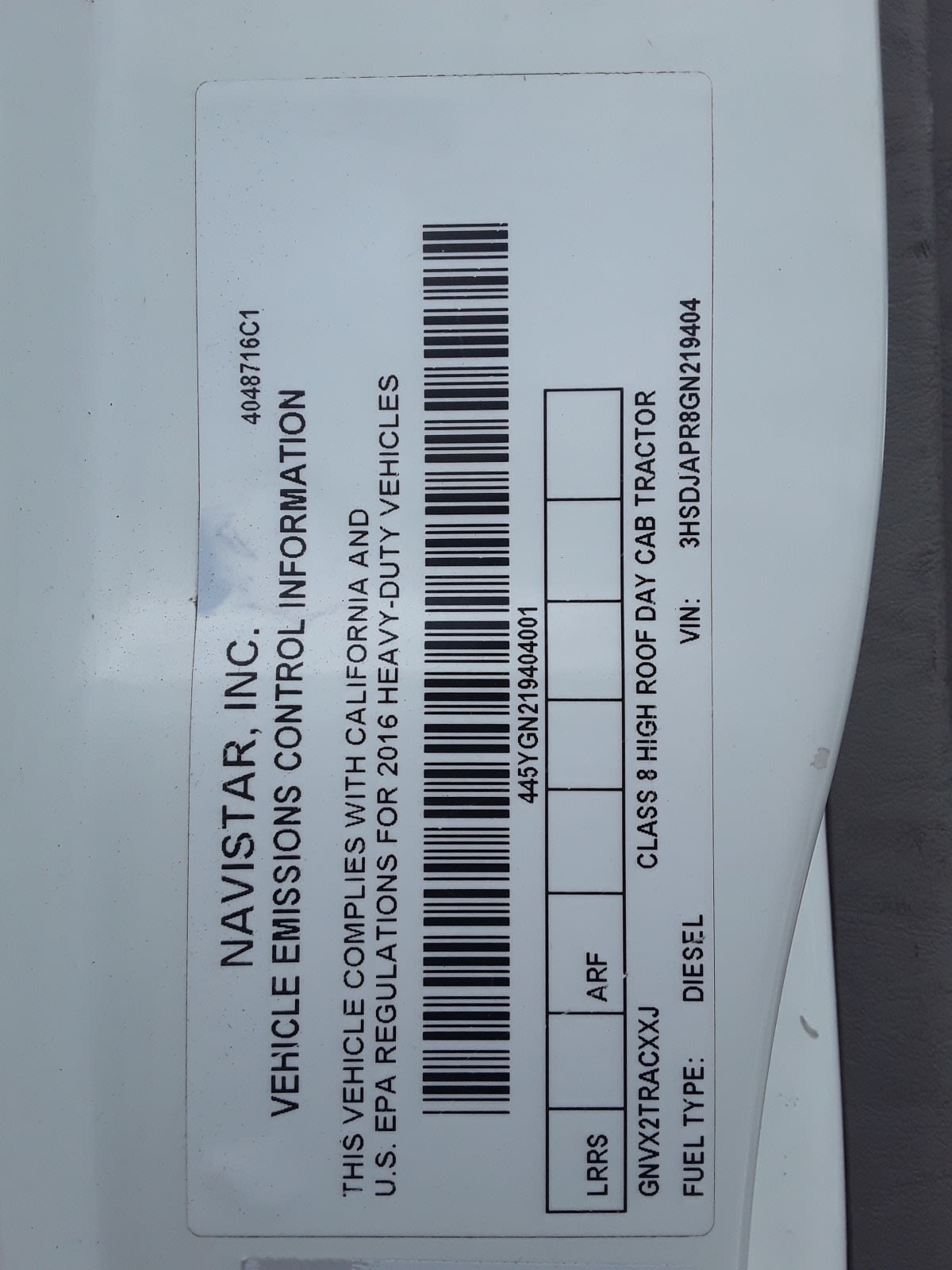 2016 Navistar International PROSTAR 652252