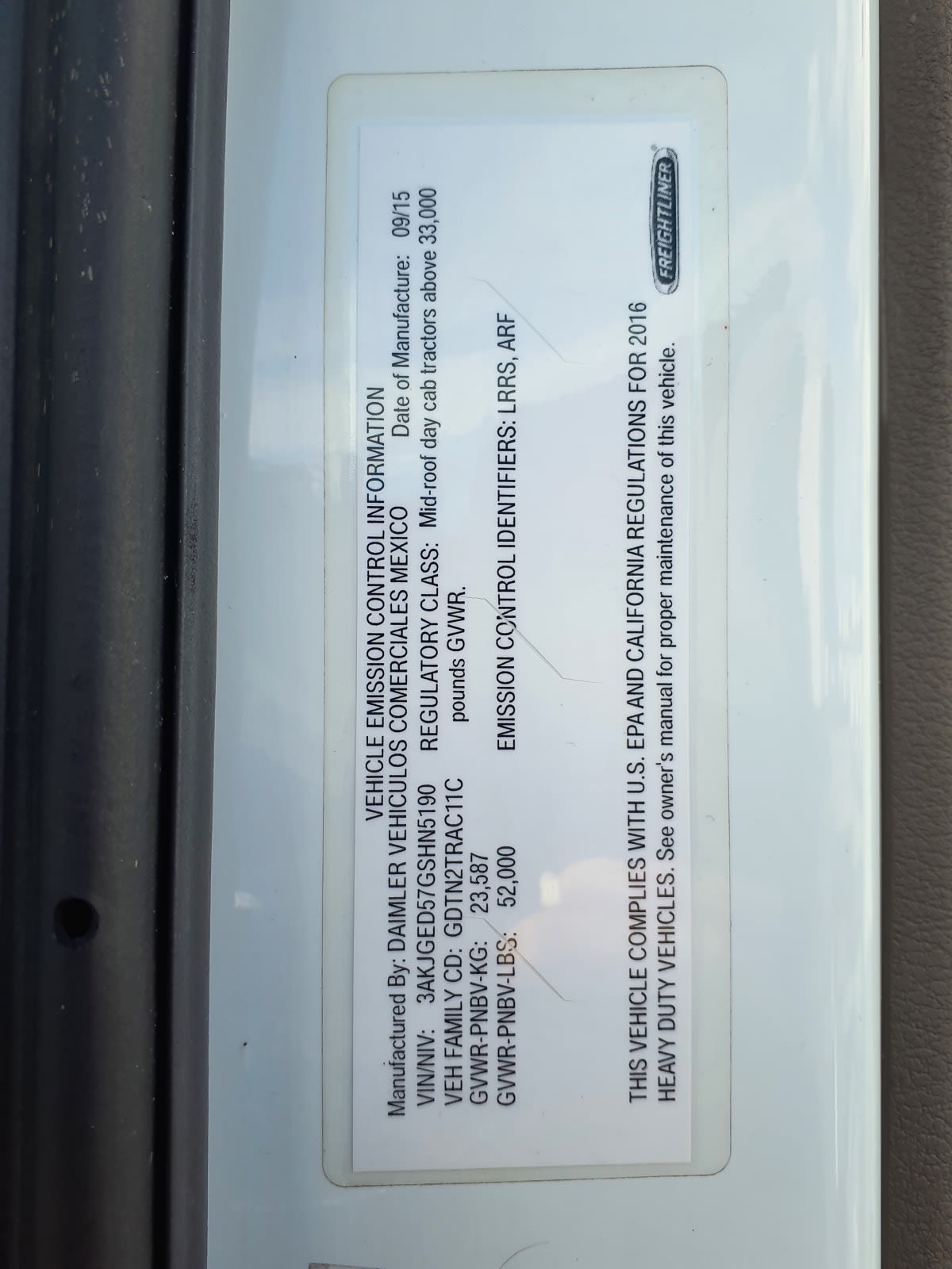 2016 Freightliner/Mercedes CASCADIA 125 656454