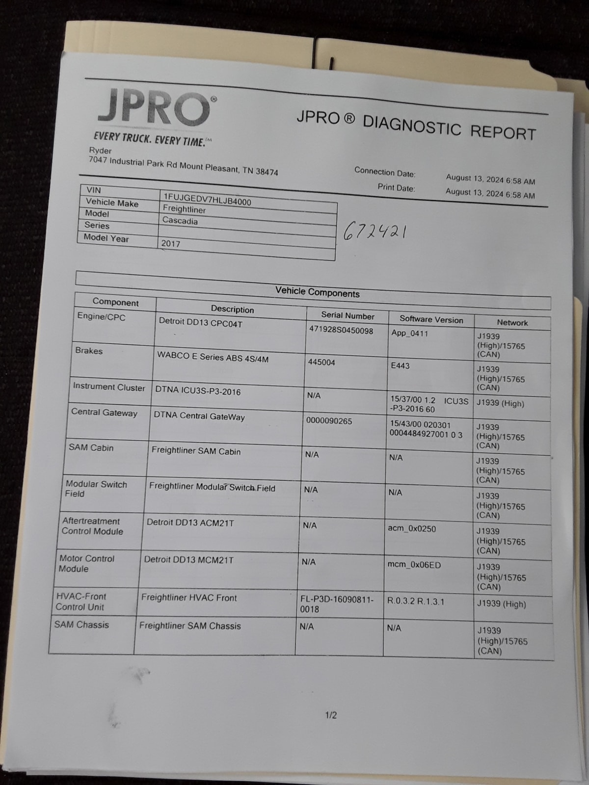 2017 Freightliner/Mercedes CASCADIA 125 672421