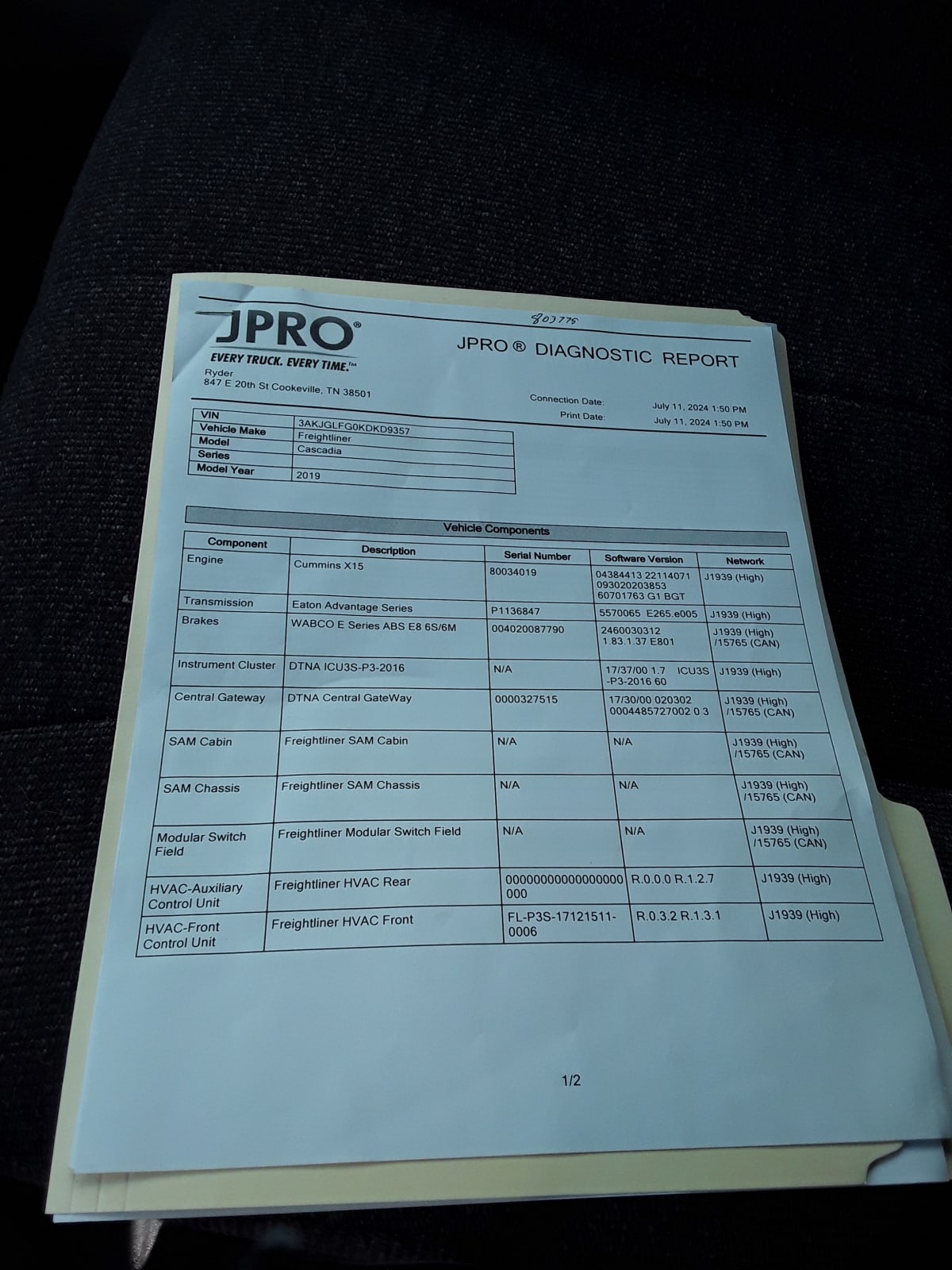 2019 Freightliner/Mercedes CASCADIA 125 803775