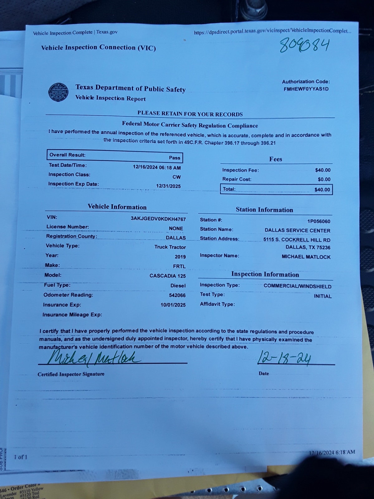 2019 Freightliner/Mercedes CASCADIA 125 809084