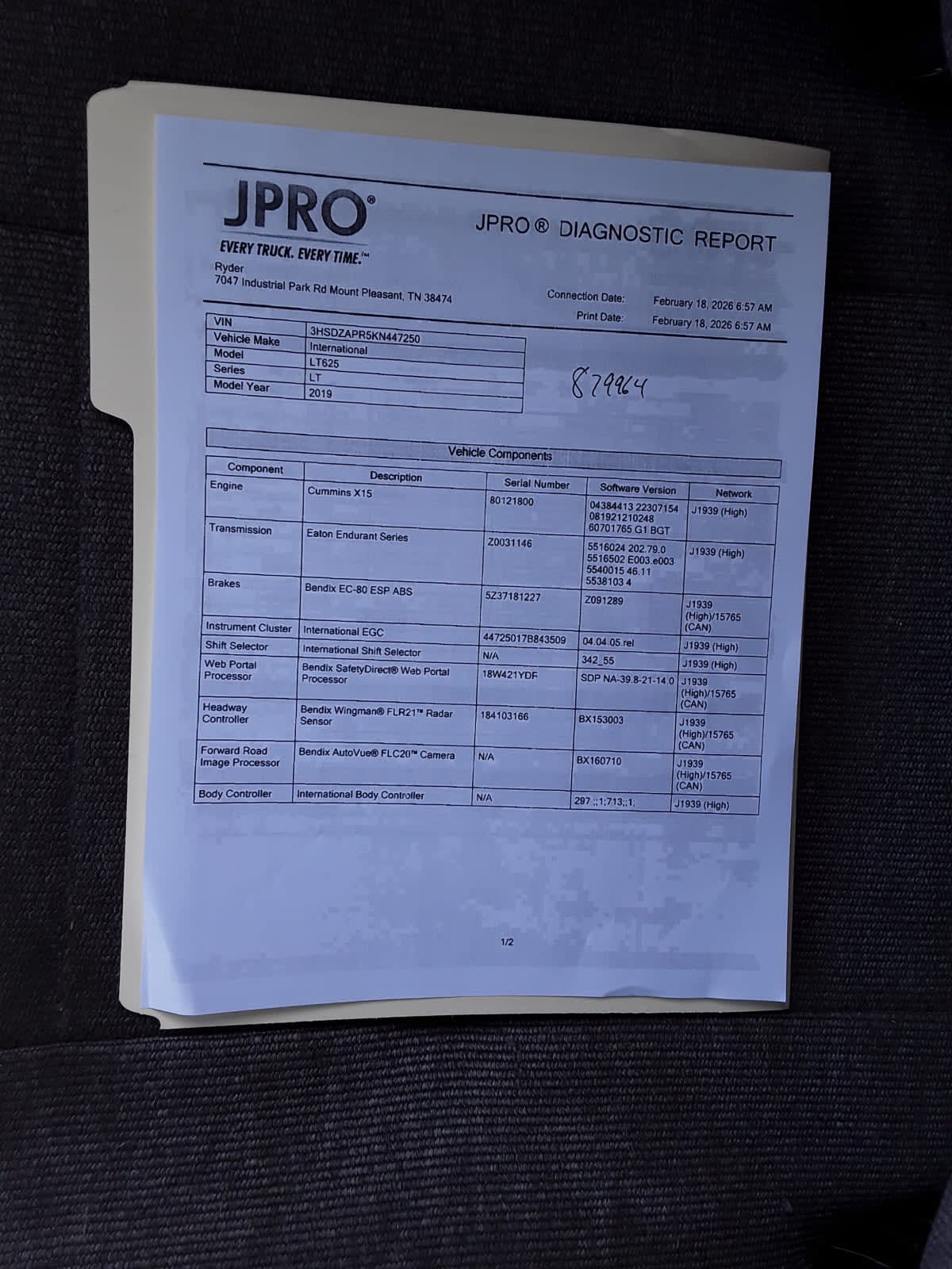 2019 Navistar International LT625 SLPR CAB 879964